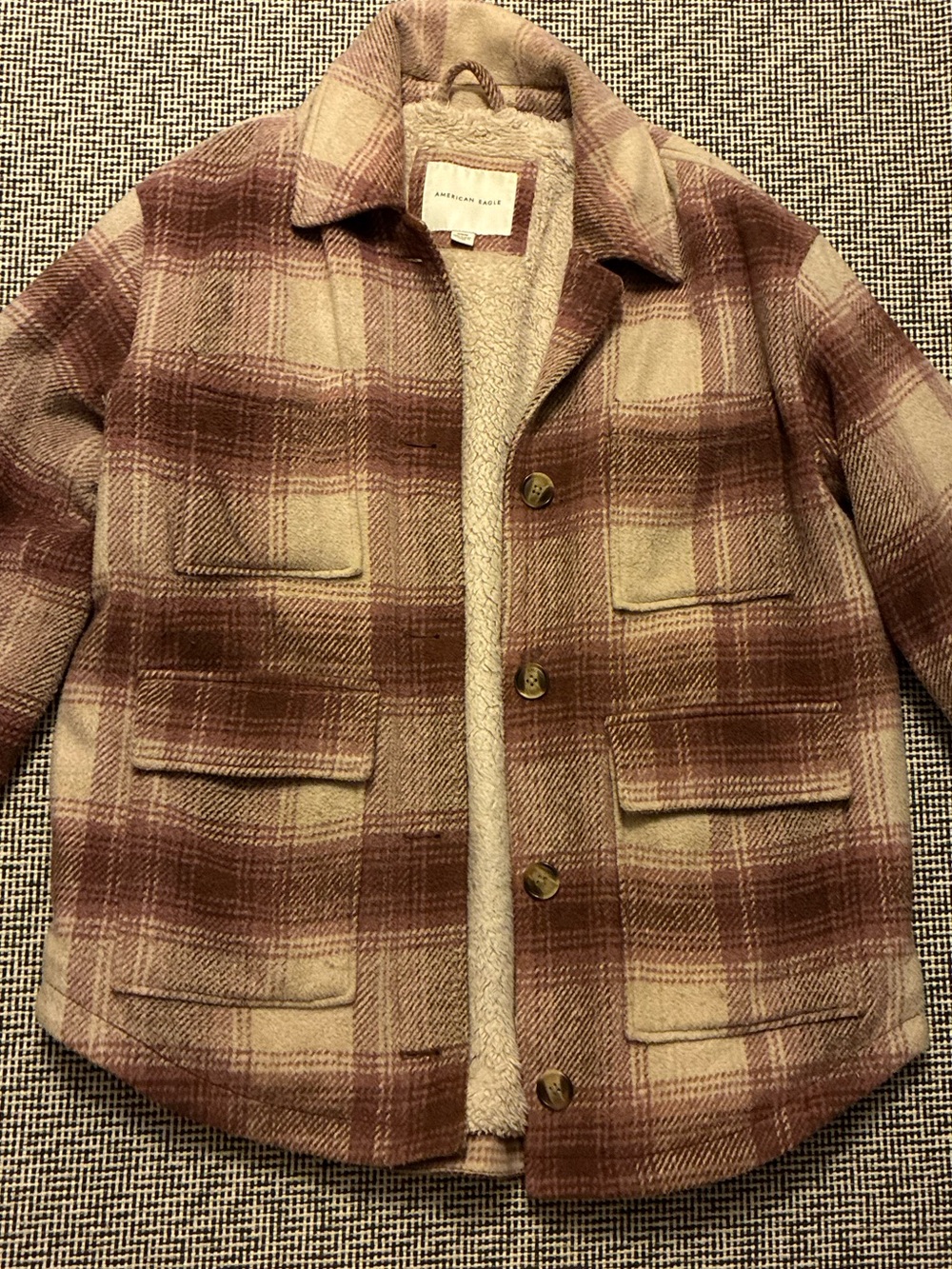 American Eagle Pink and Beige Plaid Sherpa Jacket